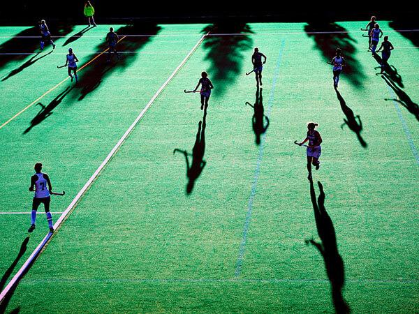 Members of the Field Hockey team participate in a morning scrimmage on the artificial turf of Tyler’s Field