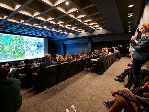 Students and faculty attend a colloquium in honor of Colgate’s bicentennial in a media-ready lecture room