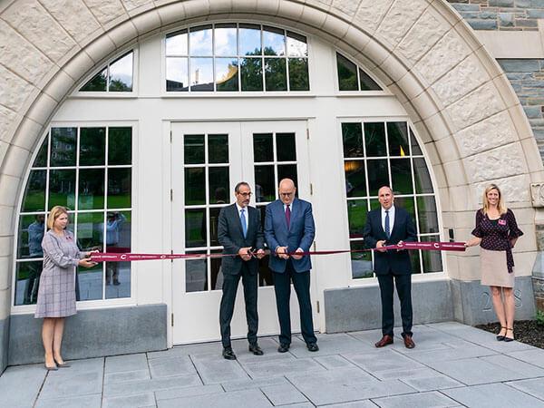 Members of the Colgate community partake in the dedication of Benton Hall, September 28, 2018 in Hamilton, N.Y.