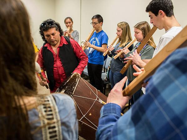 Students in ALST204: Performing Bolivian Music, learn to play traditional Bolivian music, instructed by Professor Michelle Bigenho and Rolando Encinas.
