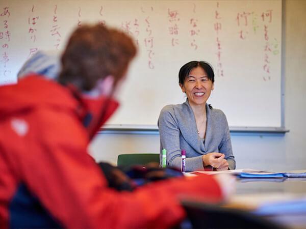 Professor Yukari Hirata teaches a class on Readings In Japanese in Lawrence Hall