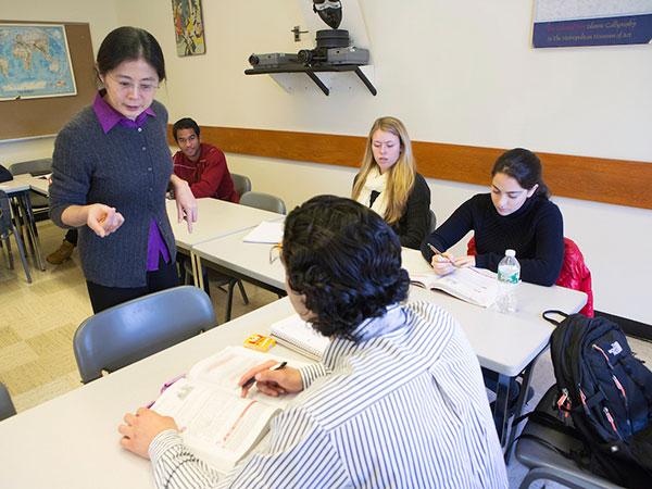 Professor Jing Wang teaches a Chinese class in Lawrence Hall.