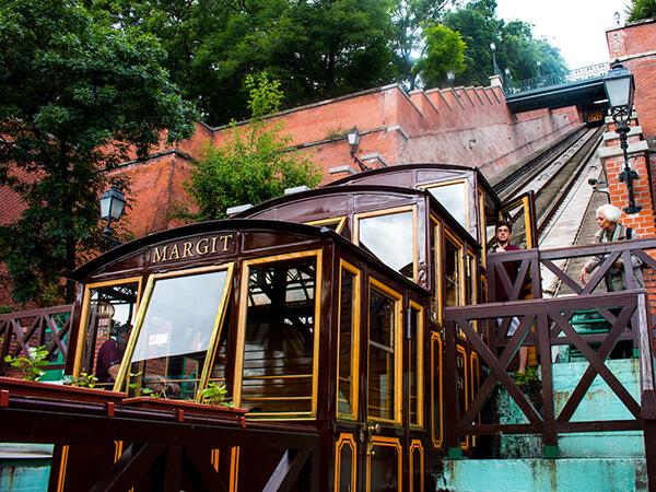 Colgate students ride the Castle Hill Funicular in Budapest, Hungary