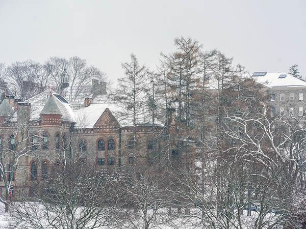 Early blanket of snow on James B. Colgate Hall.