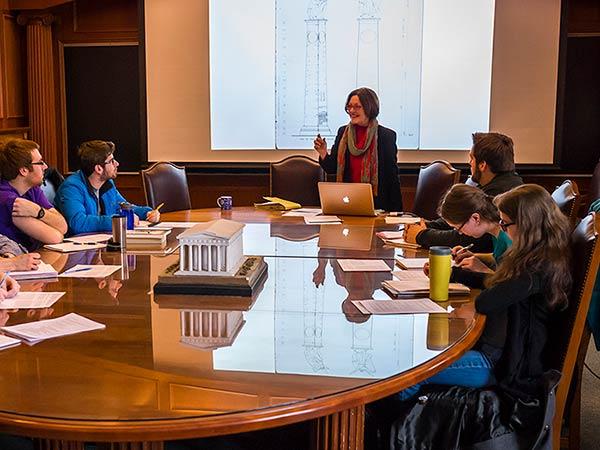 Professor Rebecca Ammerman teaches in a classics classroom