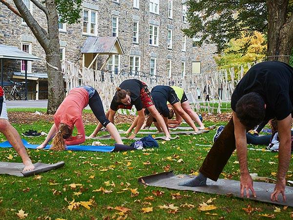 Students doing yoga on mats on the Quad during autumn