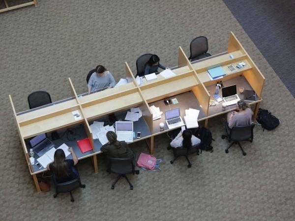 Overhead view of students working in Case-Geyer Library