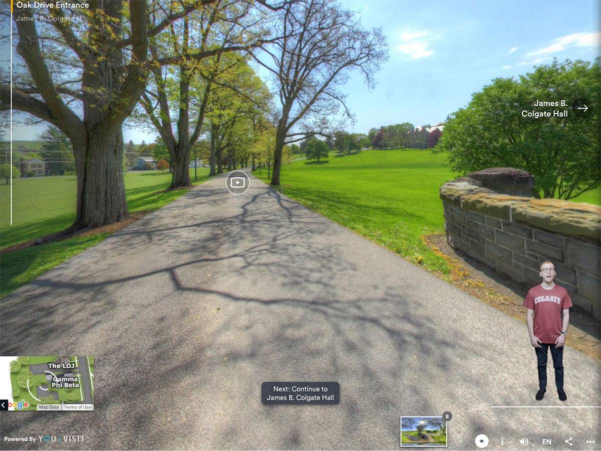 A screen grab of the virtual tour interface, featuring a scenic view of the entrance to Colgate