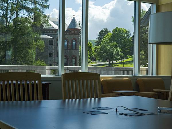 study room seating with window that shows JBC