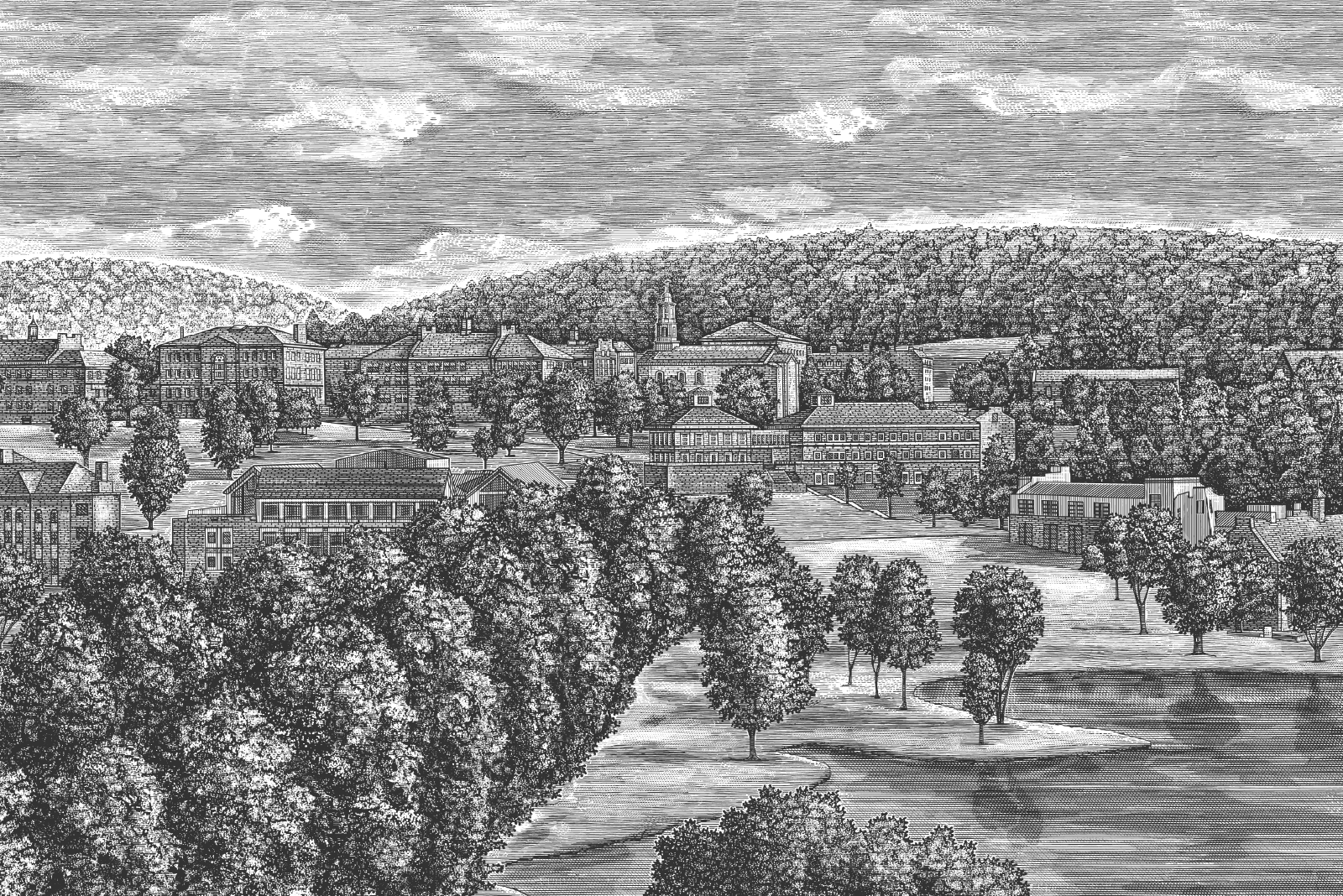 Etching of Colgate University landscape