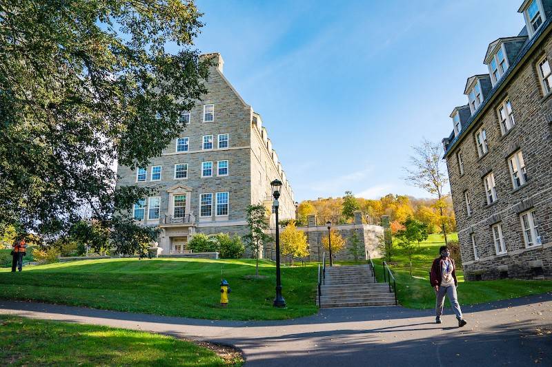 Student walking through residential quad