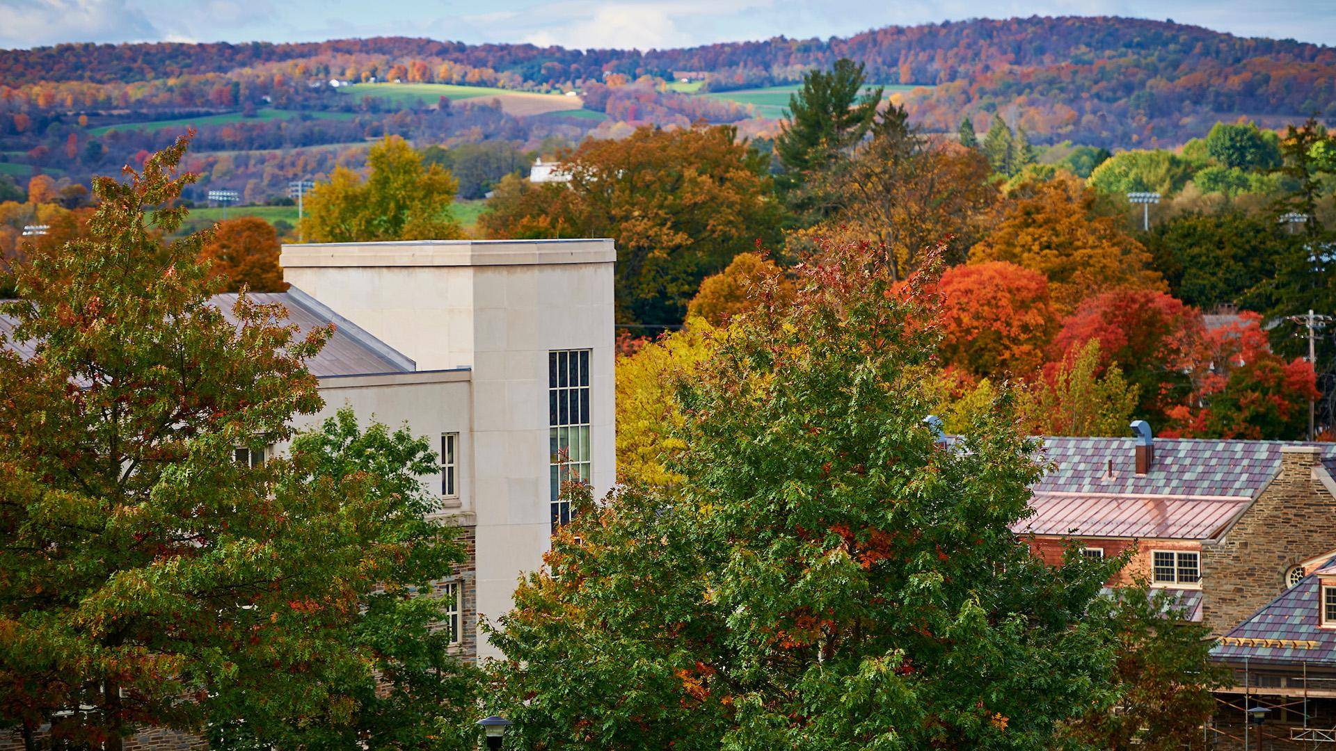 Photo of campus trees changing color in fall.