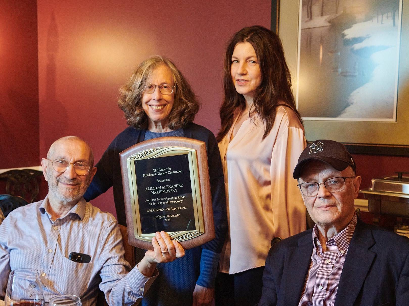Professors Alexander and Alice Nakhimovsky attend a retirement dinner for Center faculty in May 2024 with Center for Freedom and Western Civilization Co-Directors Carolyn Guile and Robert Kraynak.&nbsp;