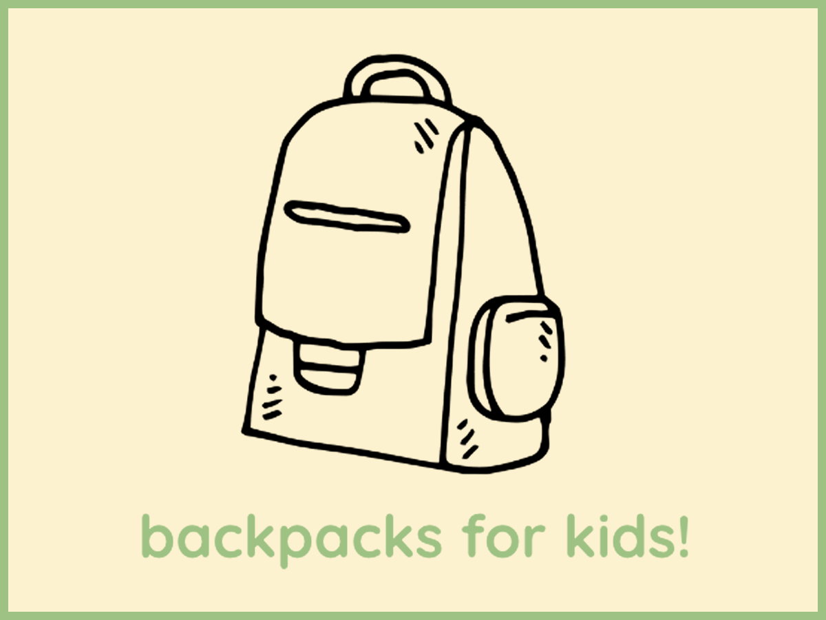An illustrated backpack with the words Backpacks for Kids written underneath