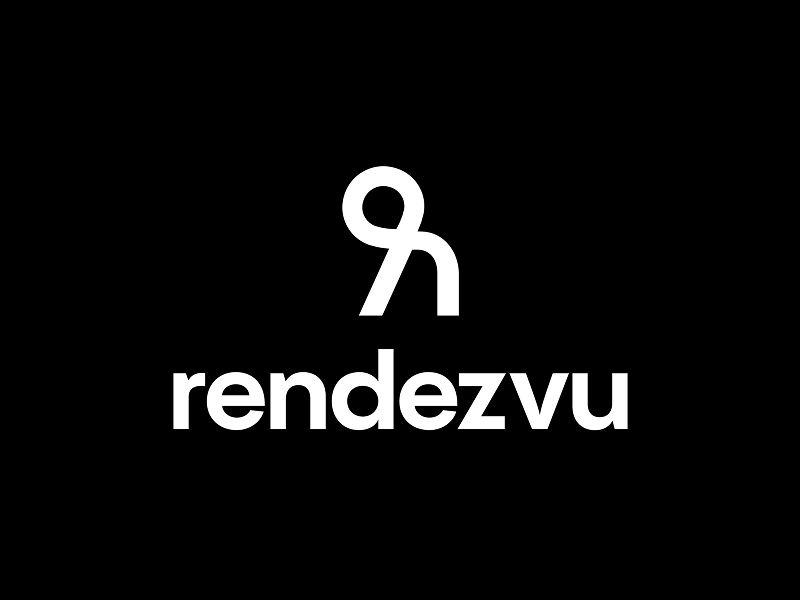 A black and white logo with the word rendezvu in white lettering