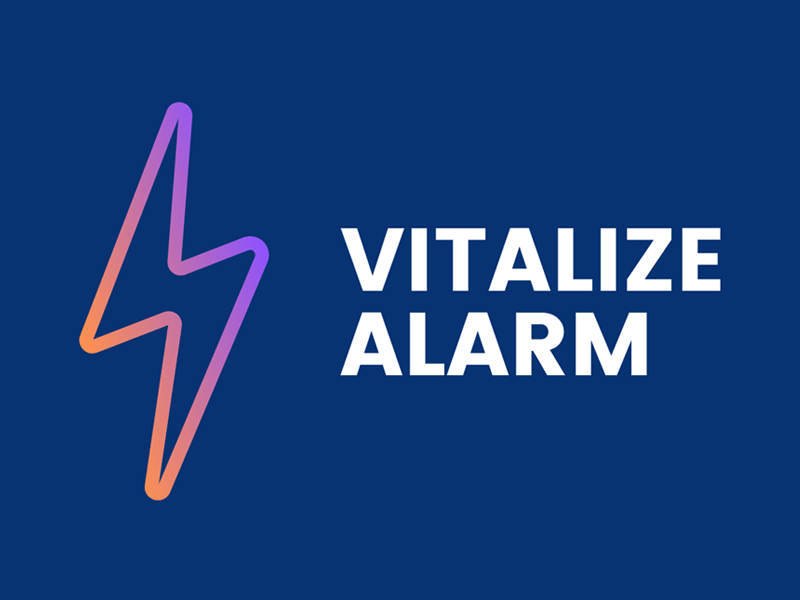 A dark blue background with a lightning bolt icon and the words Vitalize Alarm.