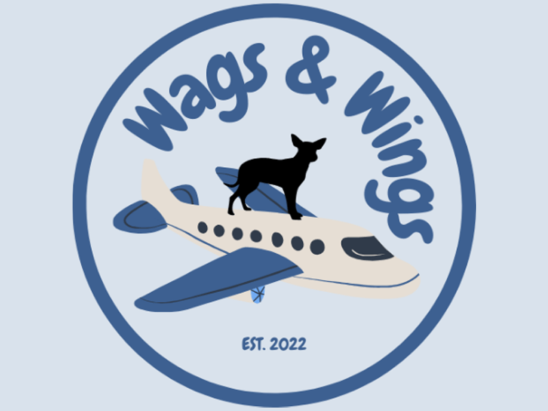The words Wags and Wings with an illustration of a dog riding on top of an airplane