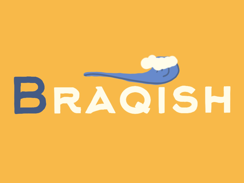 A yellow background with the word Braqish in a white font, and above it a blue wave of water crashing on itself.