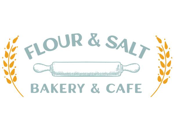 Two shafts of wheat surrounding the words Flour and Salt Bakery and Cafe with a rolling pin in the middle
