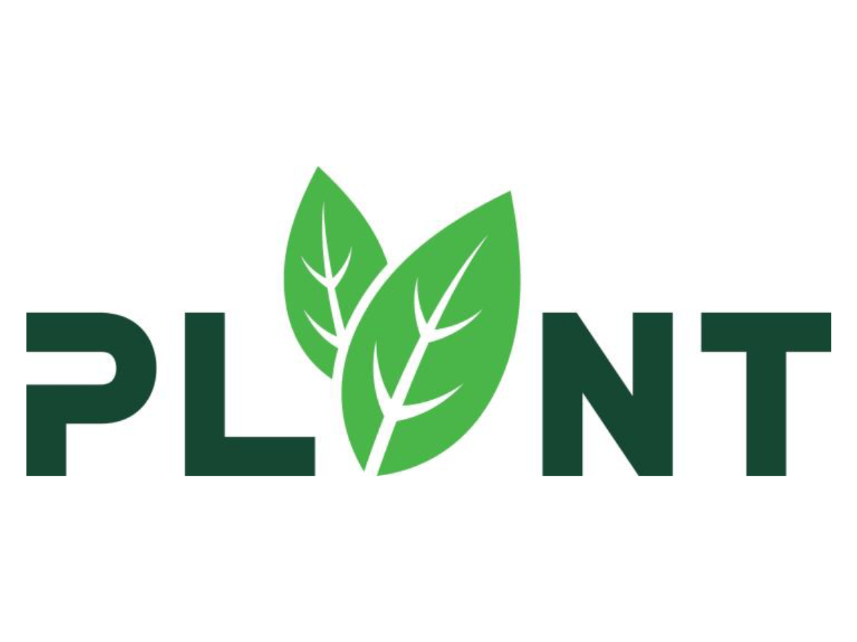 The word plant with two overlapping green leaves replacing the letter A.