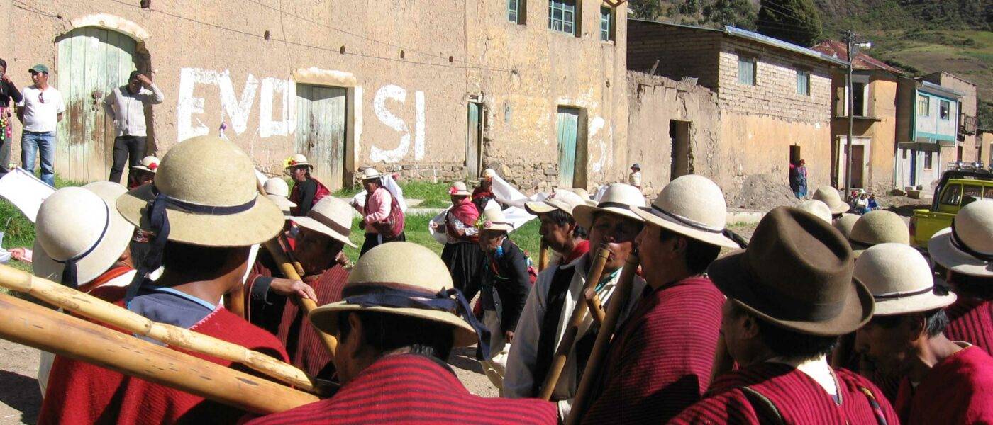 Villagers in Mohosa, Bolivia, perform a flute genre