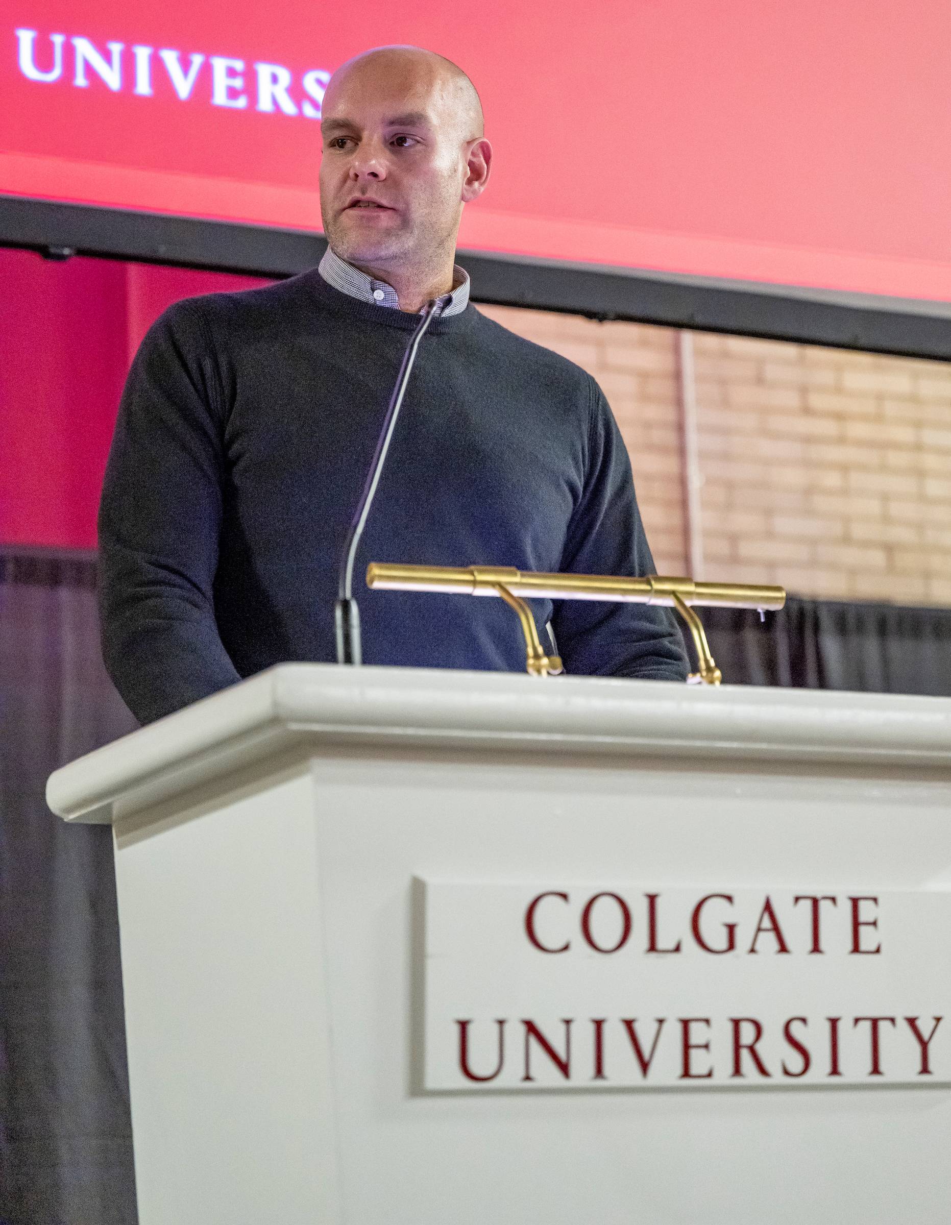 Christopher Nulty ’09, head of external communications at Anthropic, delivers the keynote address