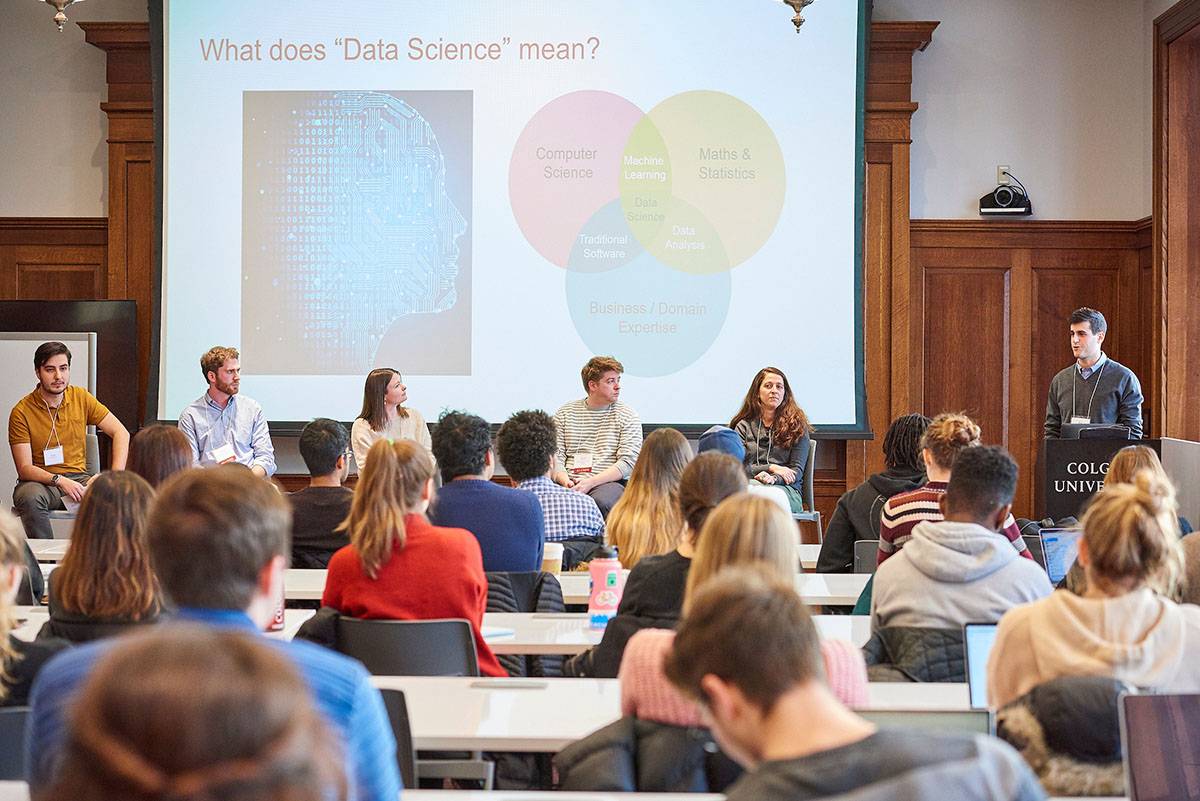 An alumni panel discusses the data science career field