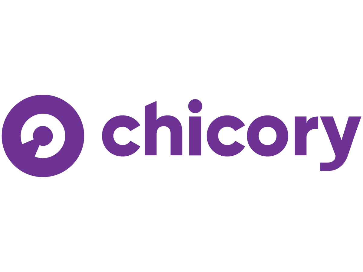 This image features the logo for Chicory, consisting of a solid purple circular icon on the left and the word "chicory" in a bold, lowercase sans-serif font on the right. The icon contains a white stylized shape resembling a shuttered camera lens or a simplified eye with a central dot and a small diagonal gap.