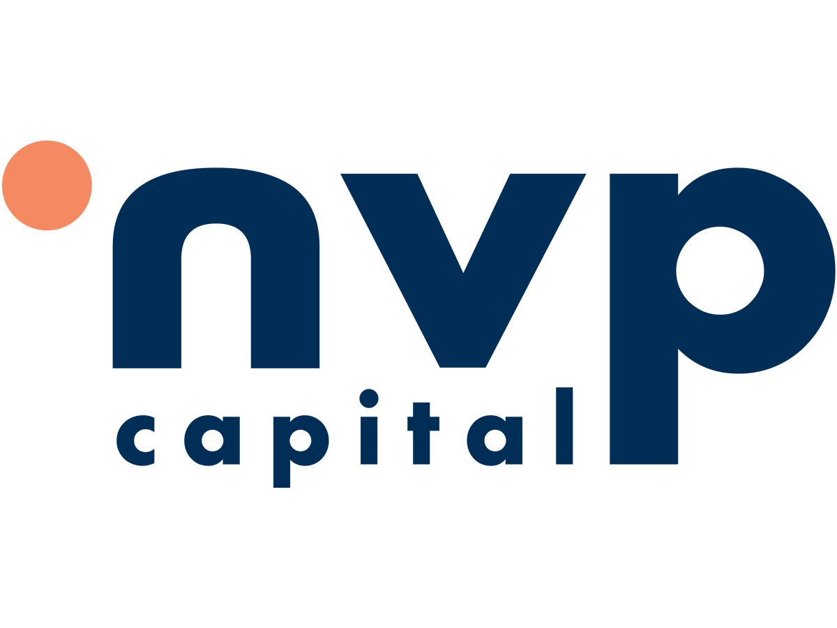 The logo features the lowercase letters "nvp" in a thick, navy blue sans-serif font, with an orange circular dot positioned to the upper left of the letter "n." Directly beneath the main letters, the word "capital" is written in a smaller, matching navy blue typeface.