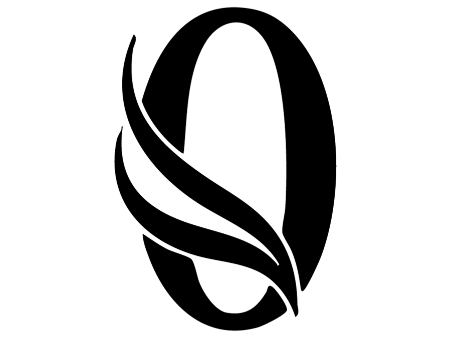 A solid black graphic on a white background features a large, elongated uppercase letter "O". The left side of the letter is stylized with two elegant, curved swoops that resemble stylized feathers, wings, or flames sweeping upward and outward to convey a sense of motion.