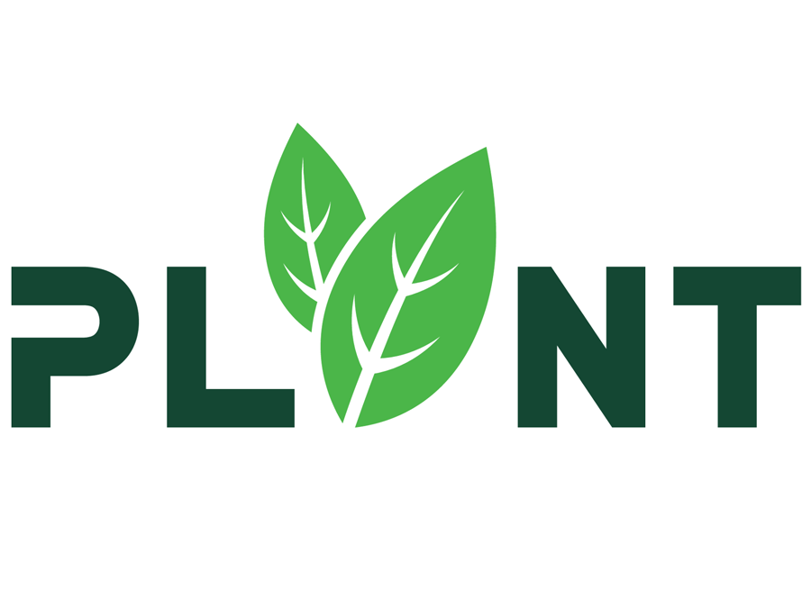 A dark green, bold, sans-serif text spells out "PLNT" on a white background, with the letter "A" omitted. In place of the missing letter, two vibrant green leaves with white vein details overlap and tilt slightly to the right to complete the word "PLANT".