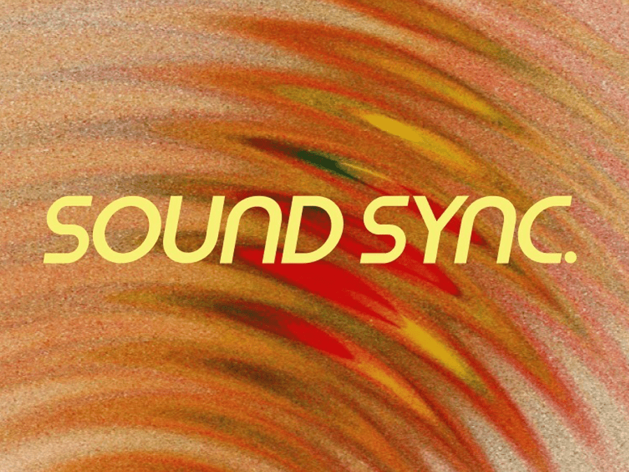 The text "SOUND SYNC." is written in a bold, stylized, bright yellow sans-serif font centered across the image. It is set against a textured, abstract background featuring concentric, rippling waves of warm tones including orange, red, and yellow, which mimic the appearance of expanding sound waves or vibrations.