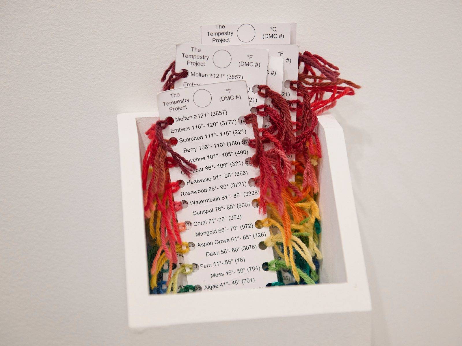 Yarn cards indicating the color to be used for each temperature range for Tempestry crafters is displayed at the opening reception for “Tempestry: The Art of Climate Data” at the Longyear Museum of Anthropology, April 10. 