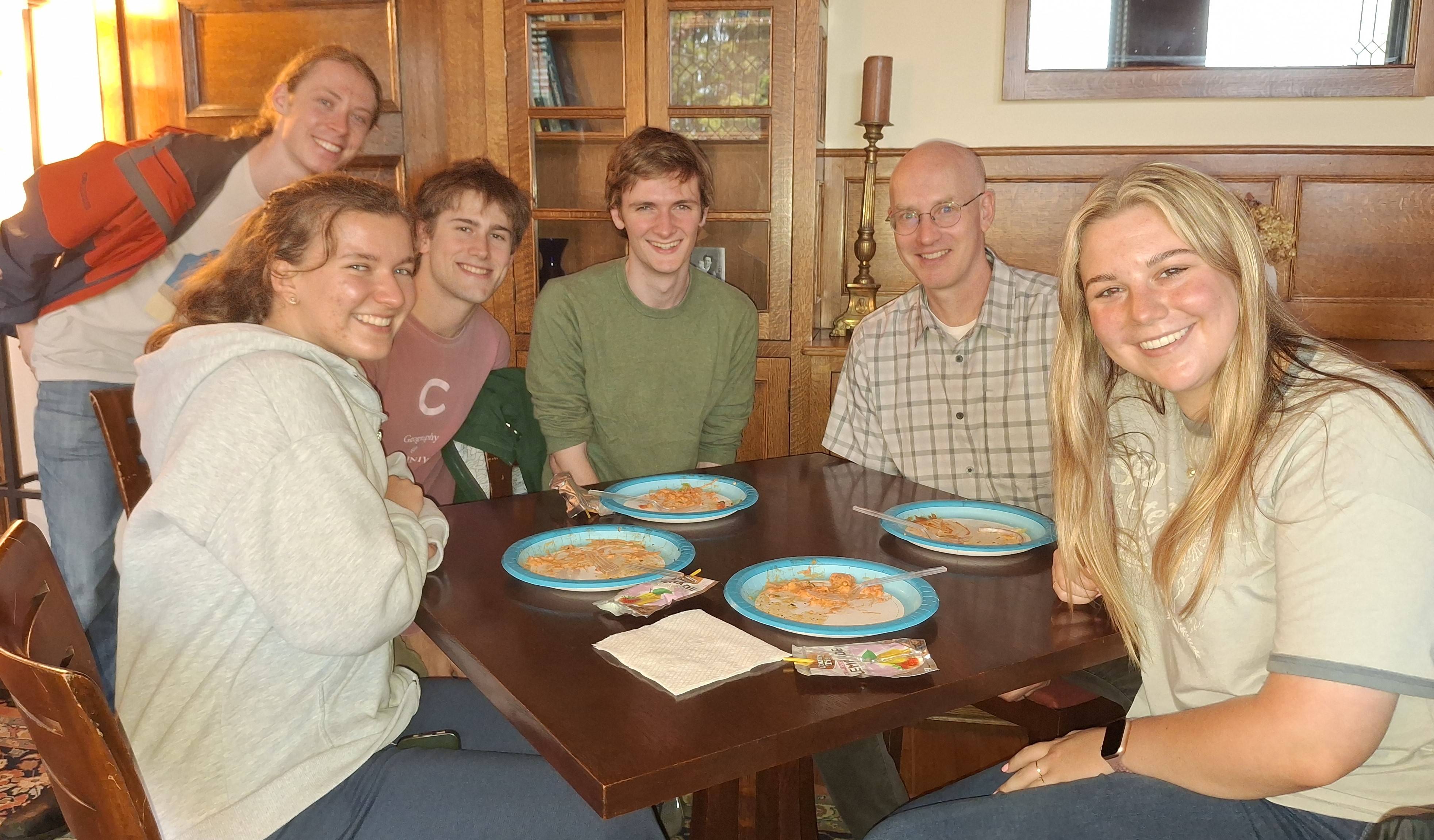 Ayden Simpson ’25 in more relaxed times.  L-R: Stella Sanko ’27, Jack Mullen ’26, Ayden Simpson ’25, Tucker McPartlin ’27, Professor Peter Klepeis and Jenna Galla ’27