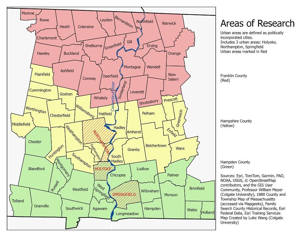 Map of three Massachusetts county created by Luke Wang '27 for his summer research.