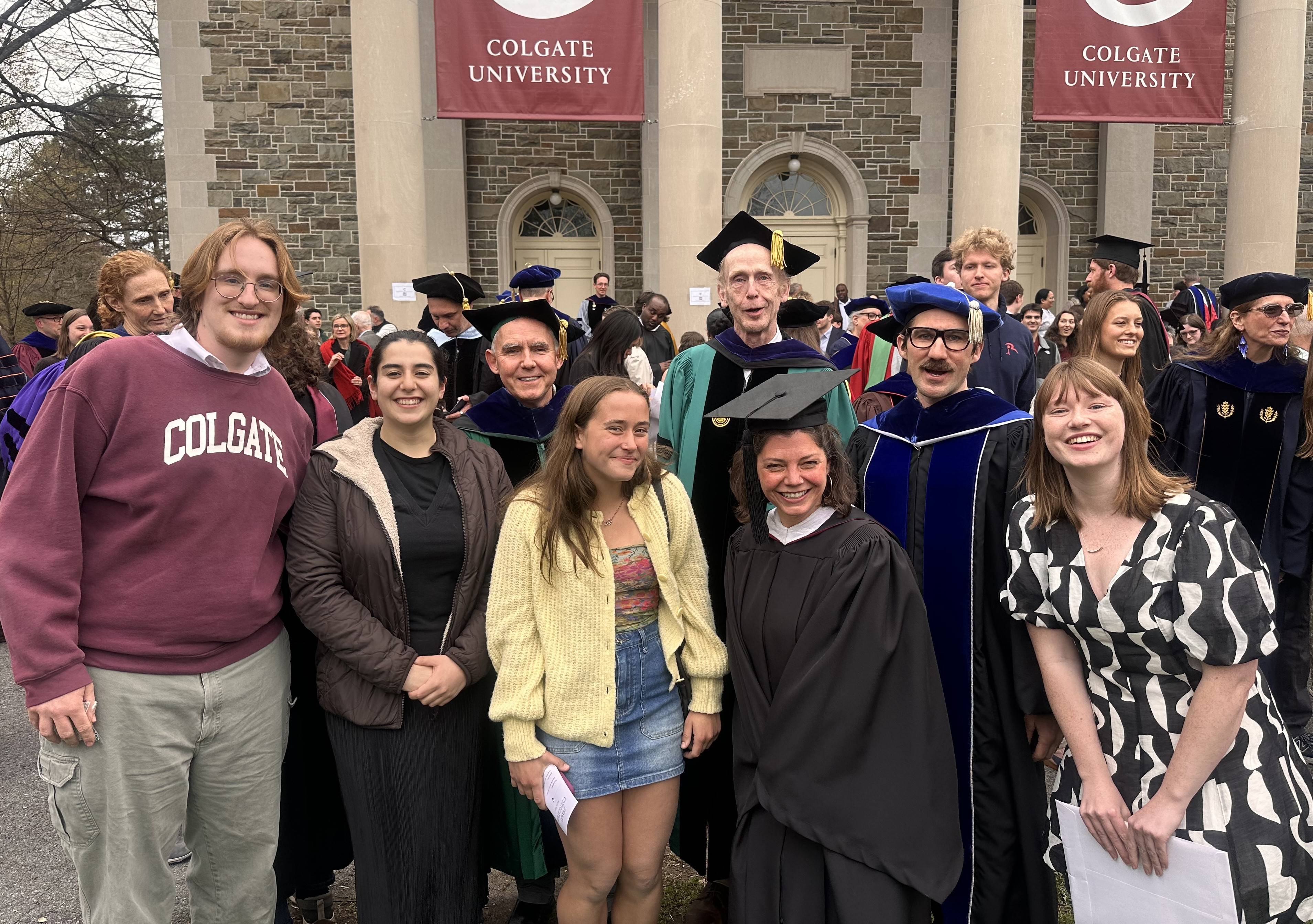 Geog faculty with award recipients.  (L-R) Eli Mezzetti ’28; Jannah Zabadi ’26; Prof. Adam Burnett; Sophia Luzietti ’28, professors William Meyer, Emily Mitchell-Eaton, and Michael Loranty; and Katrin Wright ’26