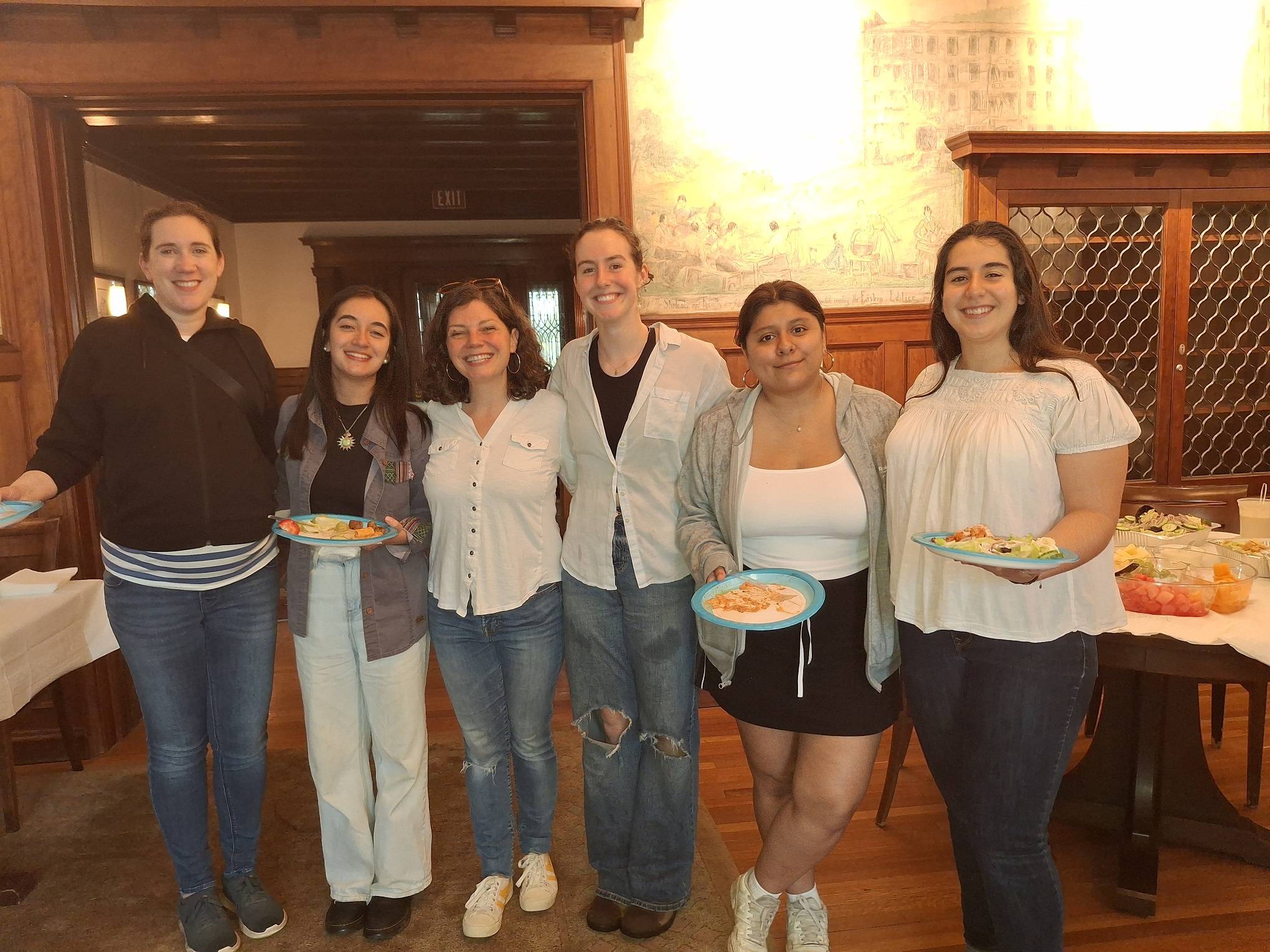 Geog faculty and students at Geography picnic.  (L-R) Professor Madeline Hamlin, Barbara Gonzalez Fuentes ’25, Professor Emily Mitchell-Eaton, Laura Richard ’25, Nathaly Tlaseca Verde ’26,  Jannah Zabadi ’26.
