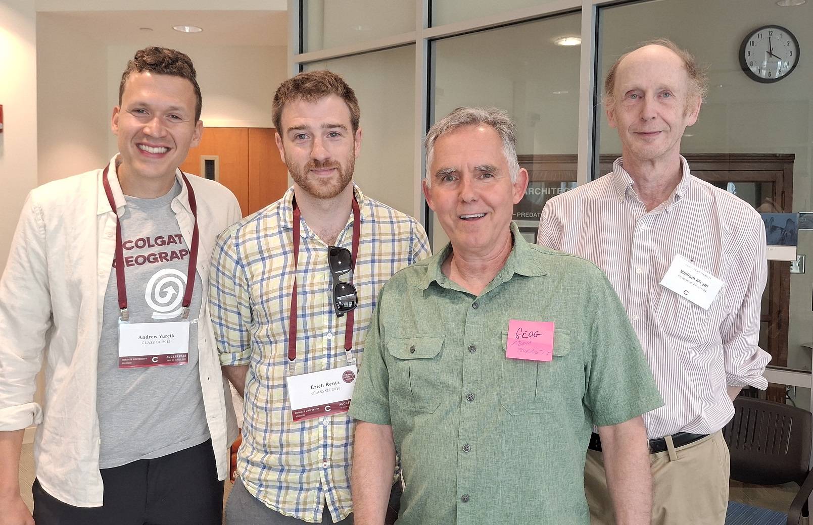 Geog alumni and faculty at Reunion 2025.  (L-R) Andrew Yurcik ’15, Erich Rentz ’19, Professors Adam Burnett and William Meyer