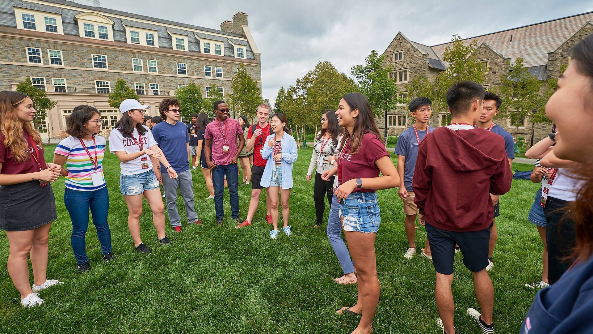 Colgate University international students participate in activities, exercises and games during the international student orientation on the upper residential quad.
