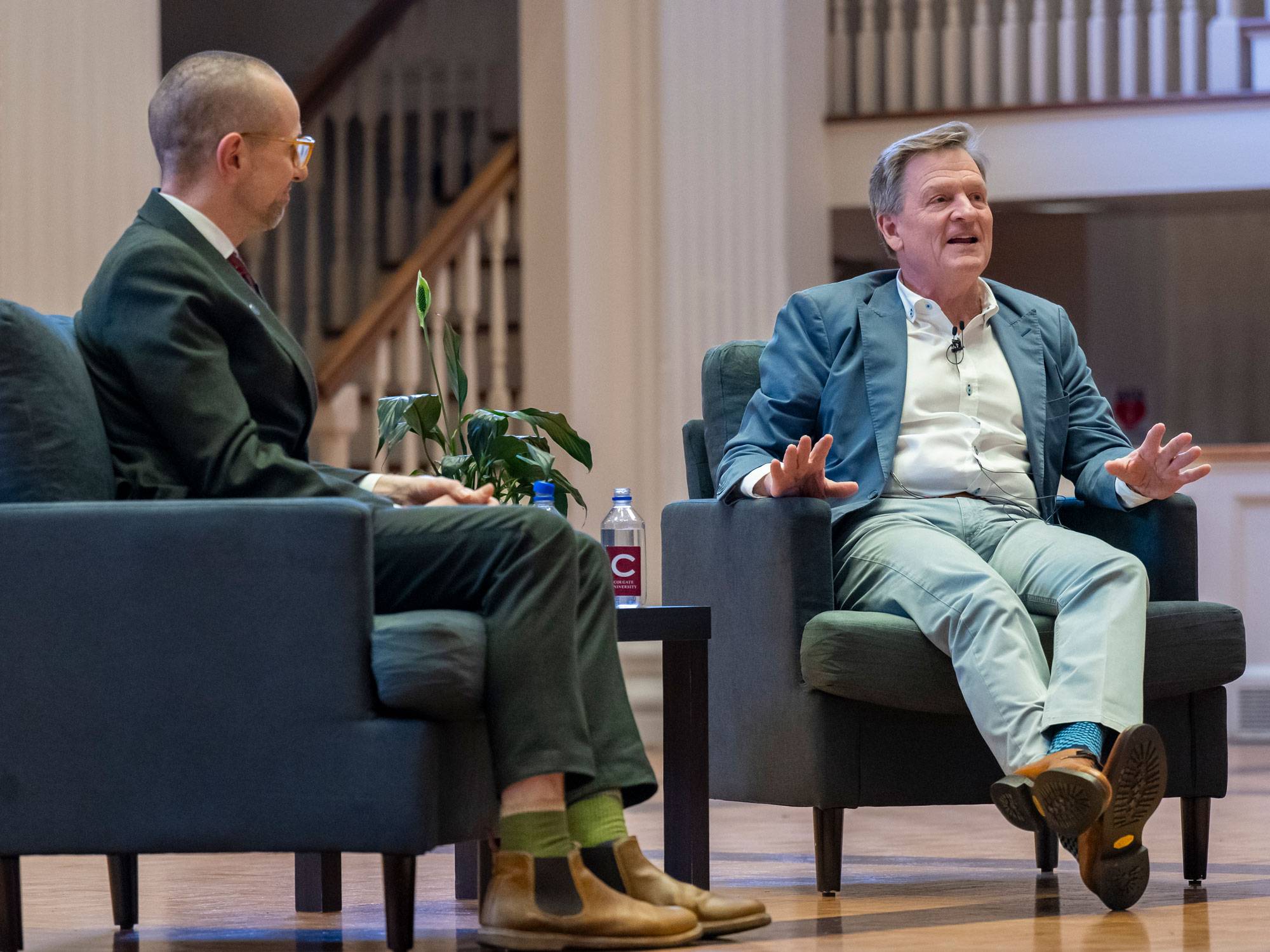 Prof. Dan Bouk and author Michael Lewis sit together onstage. 
