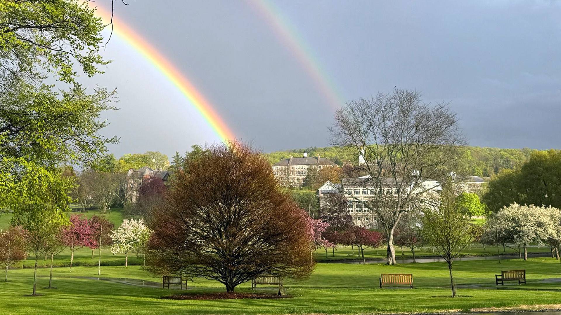 A double rainbow captured by Professor Meika Loe before Wednesday’s vigil. 